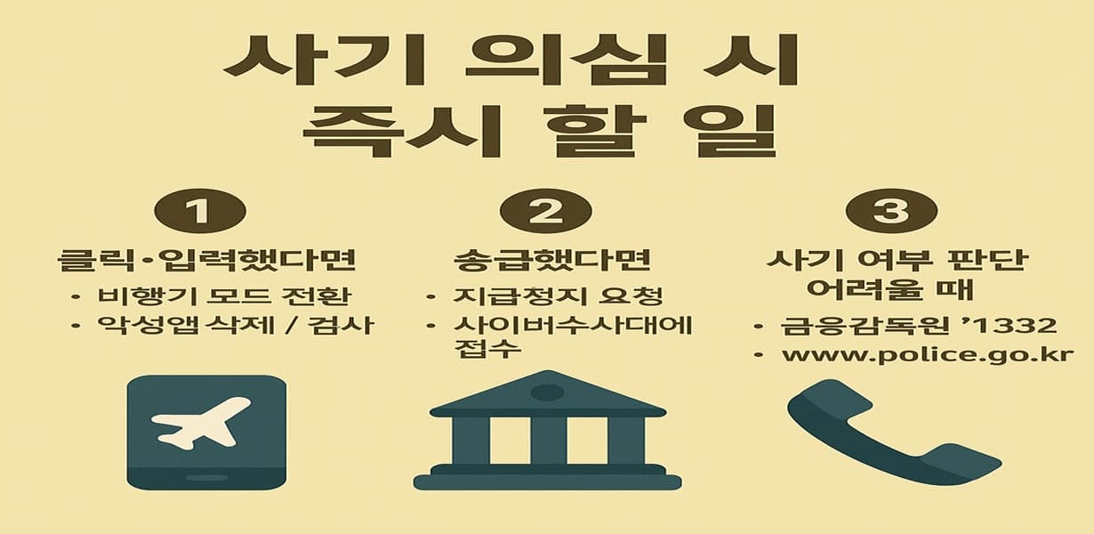 사기 의심 시 즉시 해야 할 행동을 정리한 인포그래픽 이미지