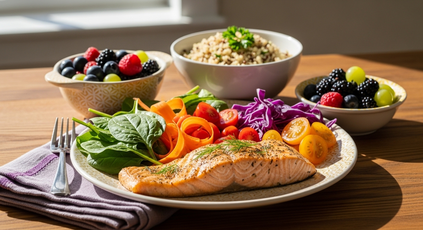 신선한 채소, 과일, 단백질이 균형 있게 담긴 건강하고 다채로운 식단