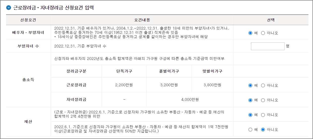 자녀장려금 신청요건 입력