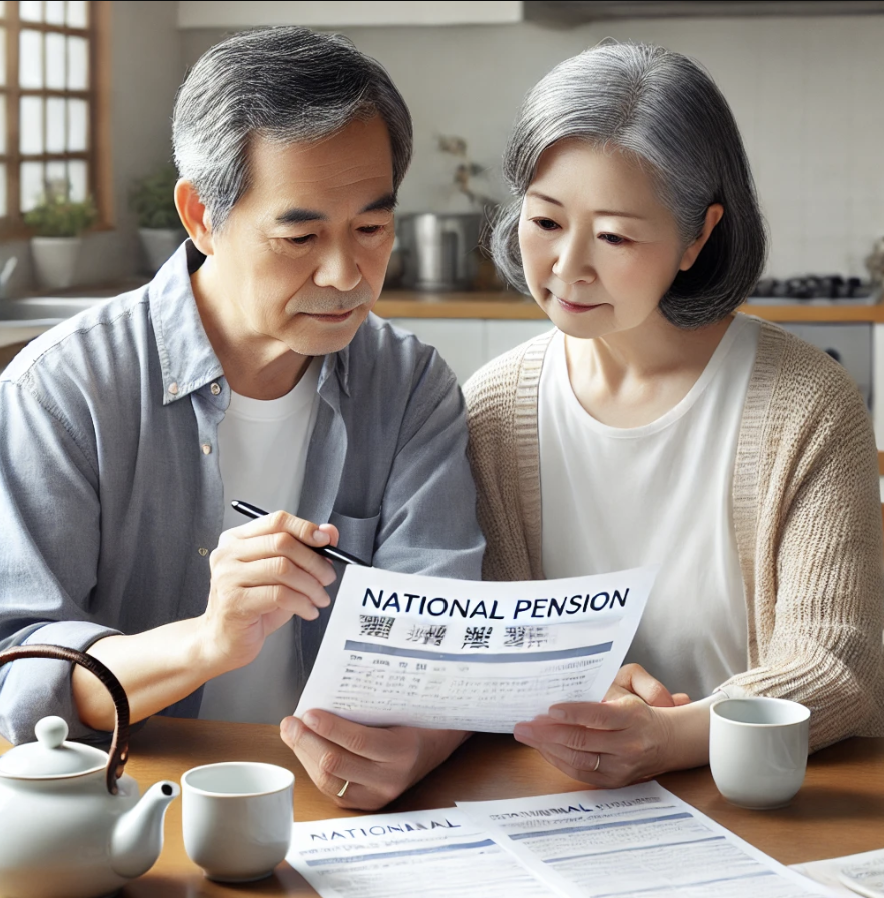 집에서 연금 서류를 논의하는 중년부부
