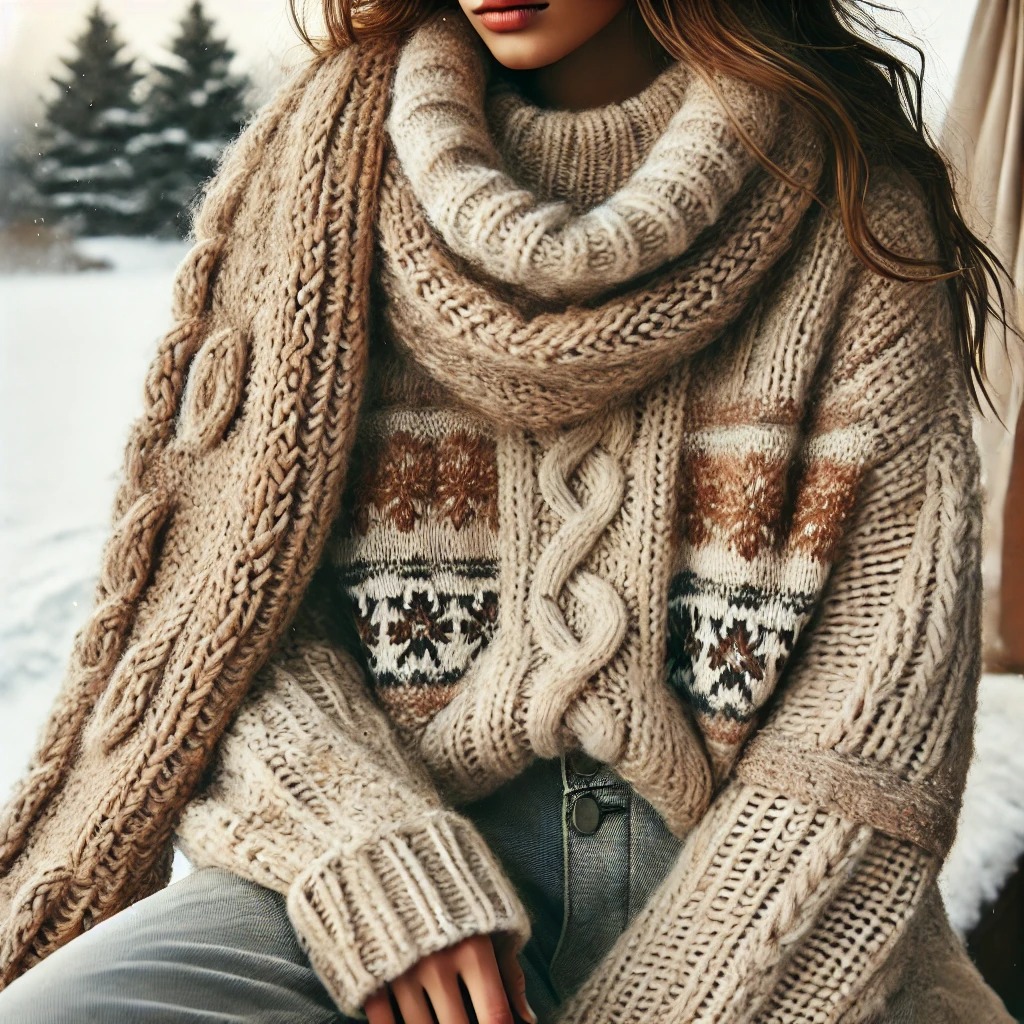 두꺼운 니트 스웨터와 스카프, 비니를 함께 착용하여 따뜻하고 세련된 겨울 복장을 연출