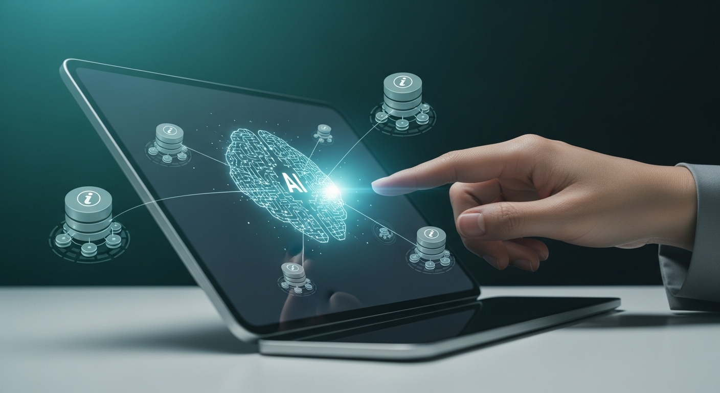 태블릿에서 챗봇과 상호작용하는 손과 여러 데이터베이스에서 정보를 가져오는 AI 챗봇을 보여주는 이미지