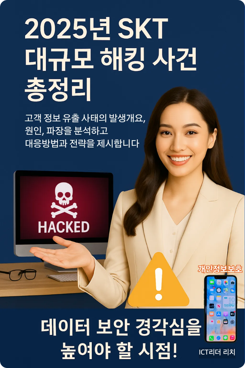 2025년 SKT 해킹 사건을 설명하는 전문가 여성 강사가 안내하는 보안 인포그래픽 이미지