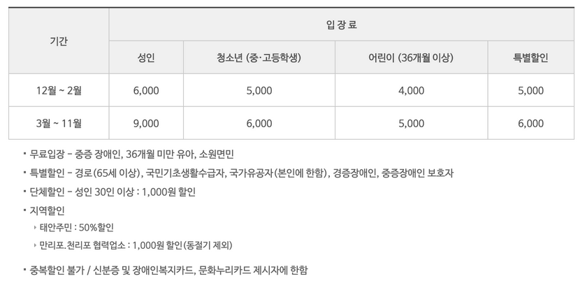 수목원-이용요금표