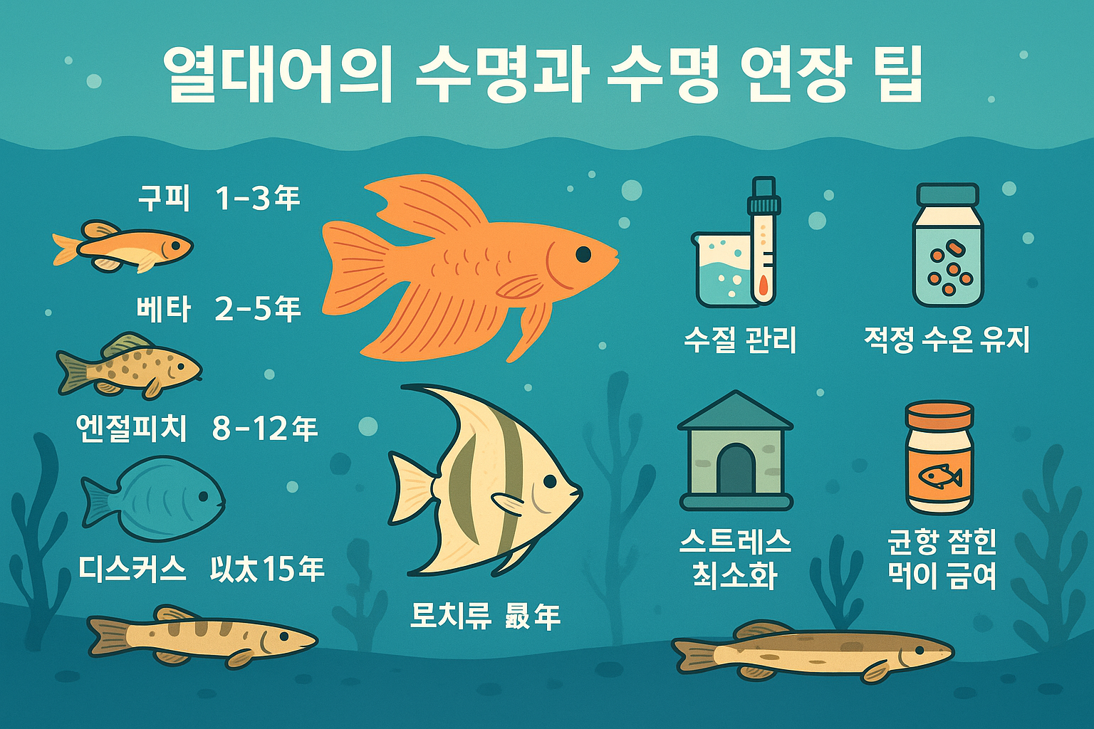 열대어의 수명과 수명 연장 팁을 주제로 한 수중 인포그래픽. 왼쪽에는 구피(13년), 베타(25년), 엔젤피쉬(8~12년), 디스커스(최대 15년), 로치류(장수) 등 주요 열대어 종과 수명이 나열되어 있고, 오른쪽에는 수질 관리, 적정 수온 유지, 스트레스 최소화, 균형 잡힌 먹이 급여 등의 아이콘과 함께 수명 연장 팁이 강조되어 있음. 배경은 바닷속 풍경으로 구성되어 있으며 전체적으로 따뜻하고 친근한 색감의 일러스트 스타일.