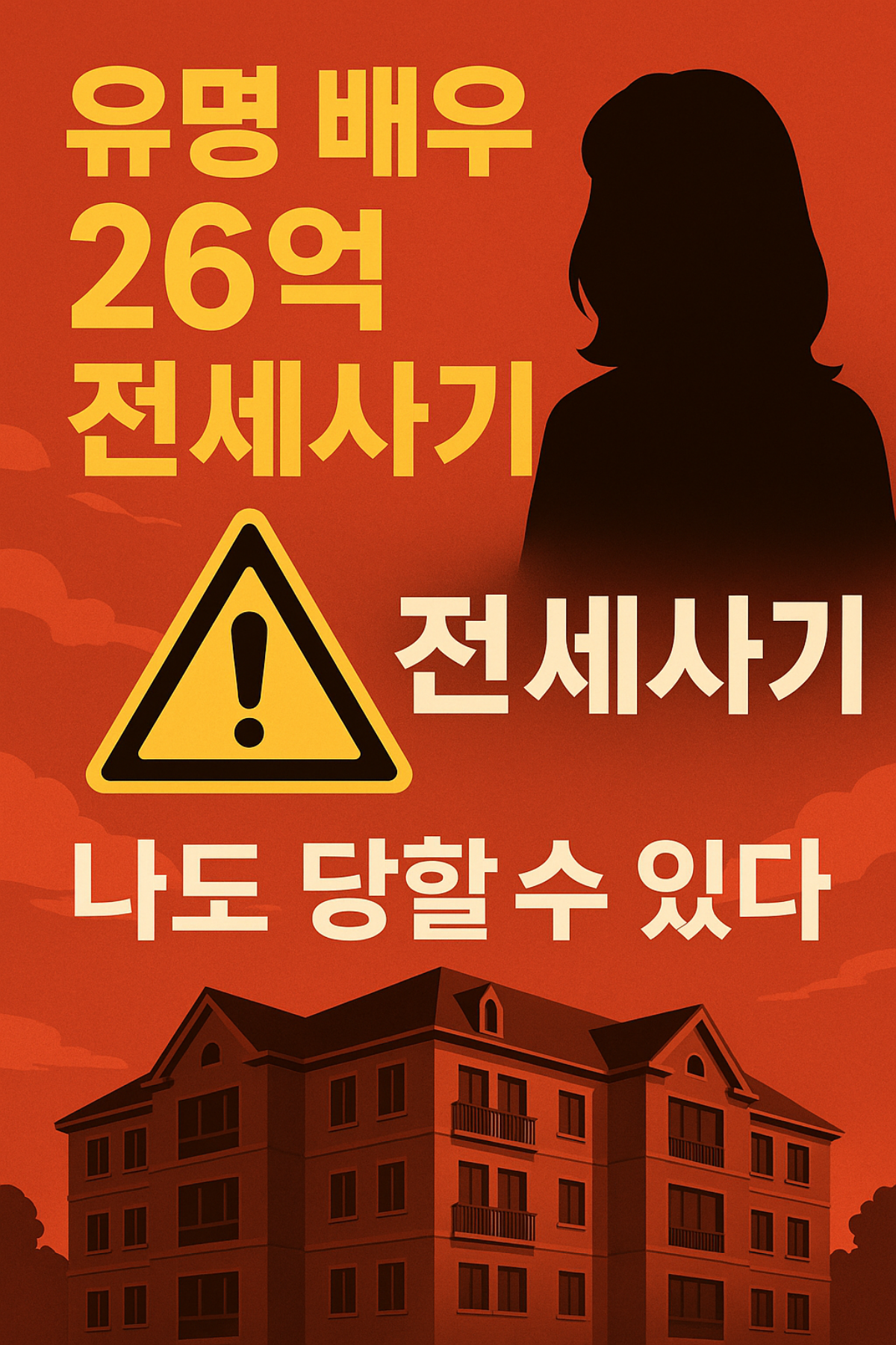 붉은 배경의 경고 포스터 이미지 – 유명 배우 전세사기 26억 피해 문구와 경고 아이콘, 고급 주택 일러스트, &quot;나도 당할 수 있다&quot; 경고 문구 포함
