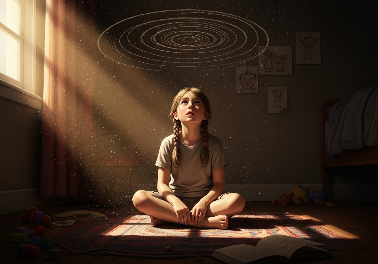어린 소녀의 방에 차원을 넘어서는 어떤 힘을 나타내는 일러스트