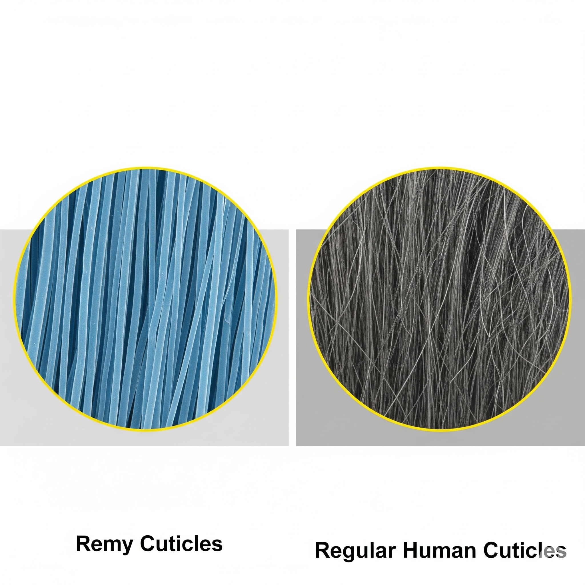 레미헤어와 일반 인모의 큐티클 층을 확대한 비교 이미지