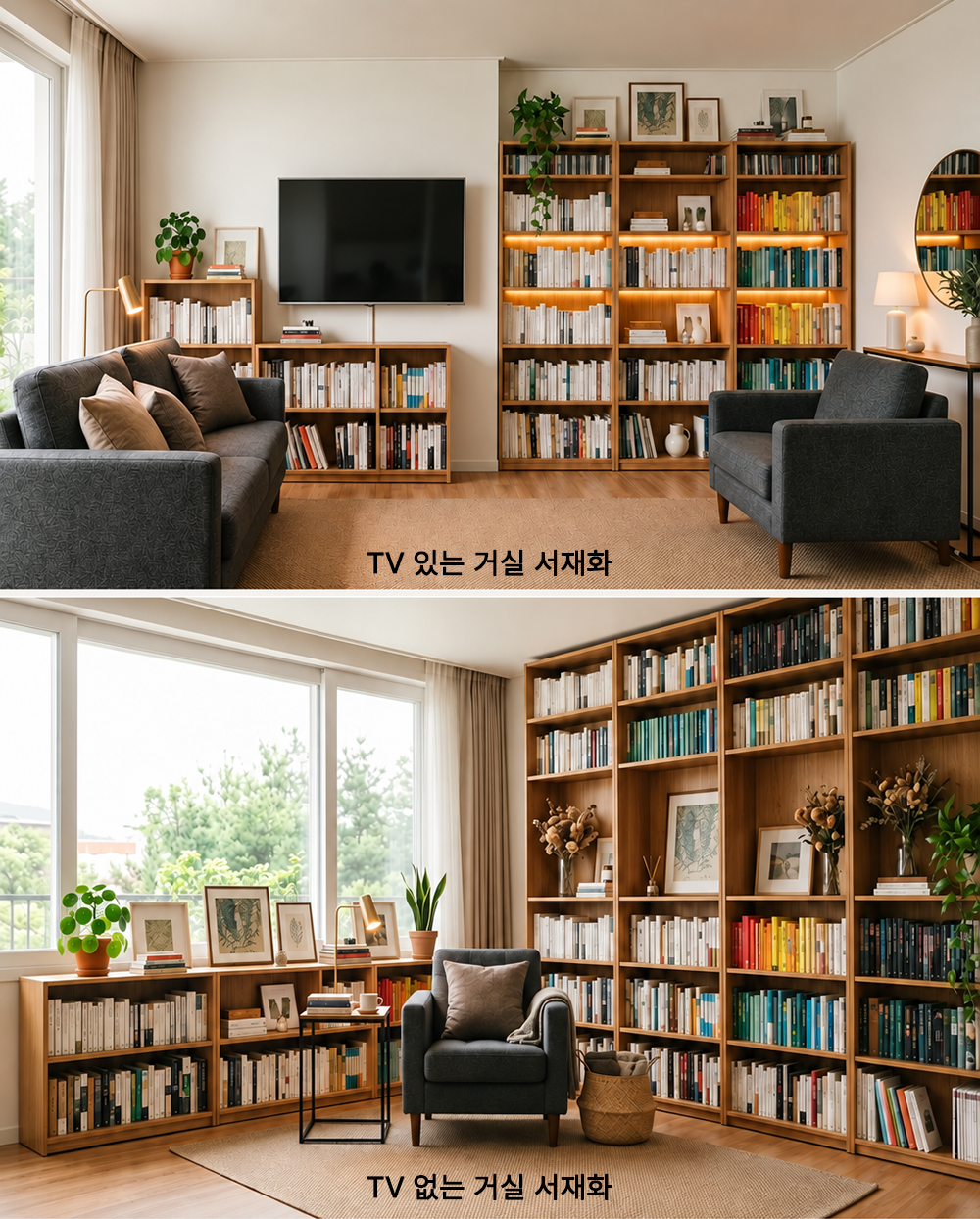 TV 유무에 따라 달라지는 거실 서재화 배치를 위아래로 비교한 이미지
