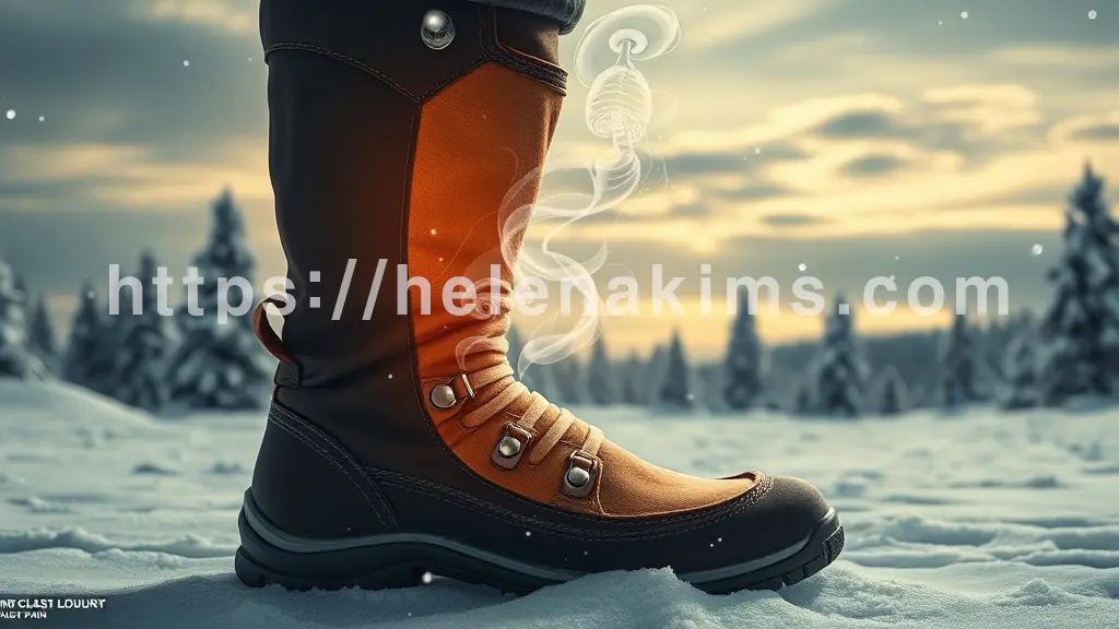 겨울 부츠 안쪽에 땀으로 축축하게 젖어 있는 발이 보인다. 발에서는 수증기가 피어오르고, 신발 내벽에는 무좀균을 상징하는 미세한 곰팡이 패턴과 차가운 서리 결정이 뒤섞여 불편함과 고통을 극적으로 표현한 이미지.