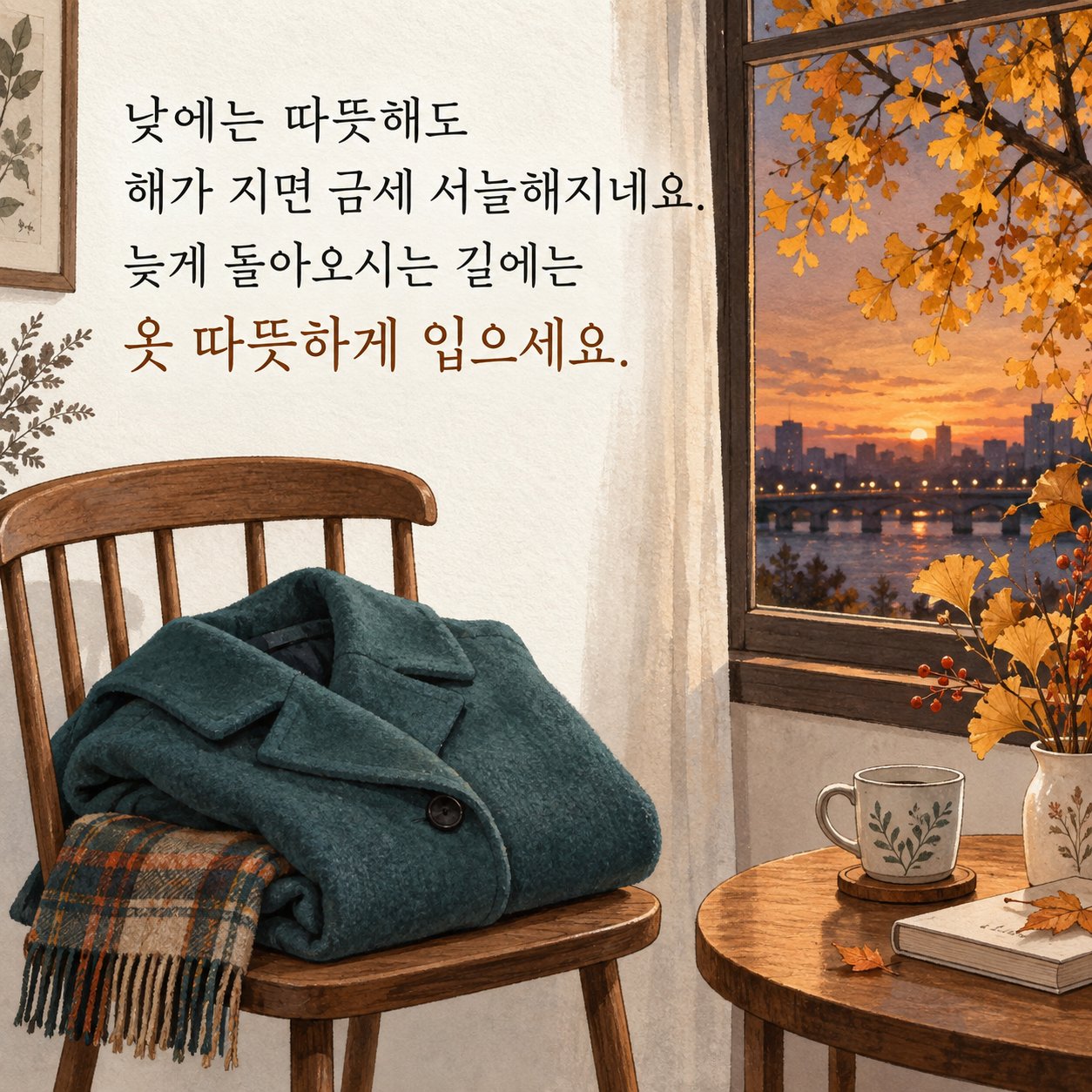 가을 환절기 건강 인사 이미지 7 — 낮에는 따뜻해도 해가 지면 금세 서늘해지네요. 늦게 돌아오시는 길에는 옷 따뜻하게 입으세요.