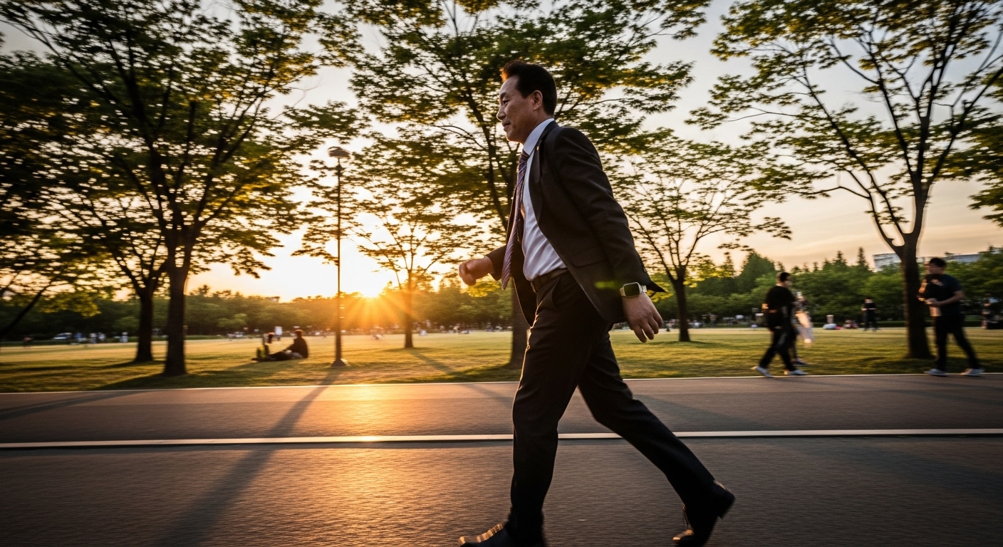 노을 공원에서 파워워킹하는 50대 한국인 남성