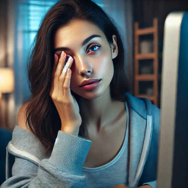 눈이 피로하고 건조한 여성이 컴퓨터 앞에서 눈을 비비는 모습 – 푸른빛 조명과 자연광 배경