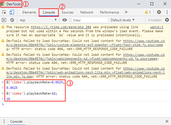 브라우저 개발자 도구 이용 유튜브 재생속도 조정