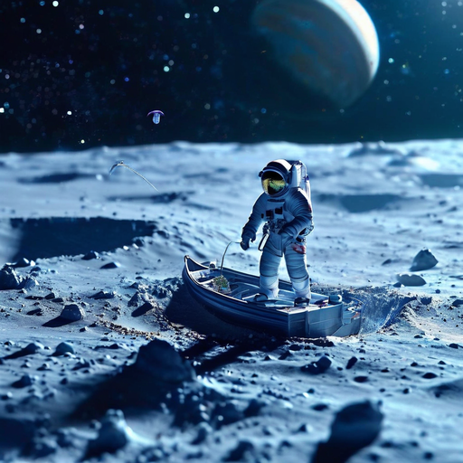An astronaut fishing in a lunar crater
