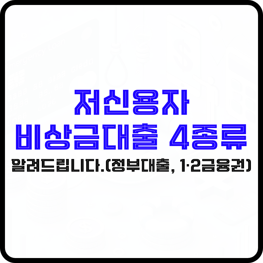 '저신용자 비상금대출 4종류 알려드립니다.(정부대출, 1·2금융권)'라는 문구가 투명한 배경 가운데 파란색, 검은색 굵은 글자로 강조되고 있습니다.