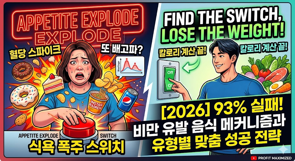 2026년 다이어트 실패 원인인 식욕 폭주 스위치와 비만 유발 음식 메커니즘을 설명하는 대조형 인포그래픽 썸네일. 왼쪽에는 도넛, 라면, 탄산음료에 둘러싸여 빨간색 식욕 폭주 버튼을 누르며 괴로워하는 여성과 혈당 스파이크 그래프가 있고, 오른쪽에는 초록색 Off 스위치를 누르며 신선한 채소와 단백질 식품 앞에서 미소 짓는 남성의 모습이 담겨 있음