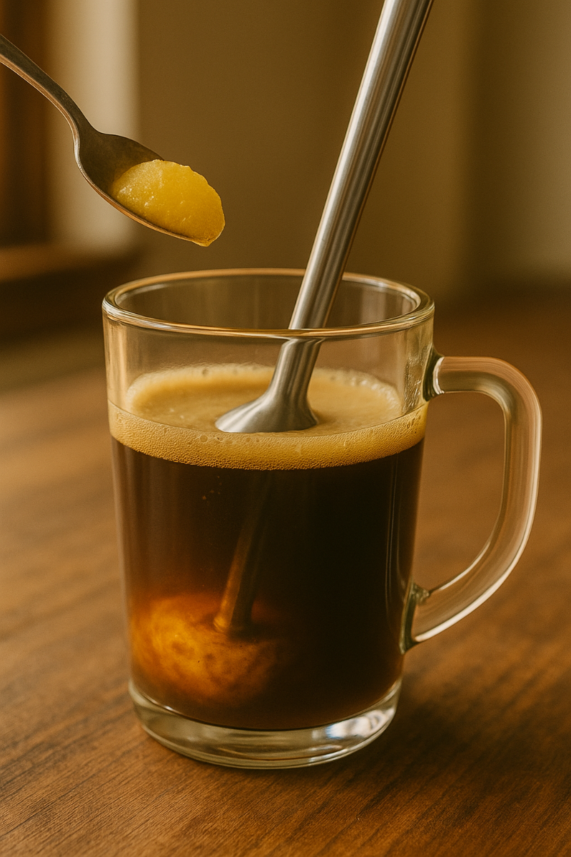 블랙커피에 기버터를 넣고 블렌딩하는 장면