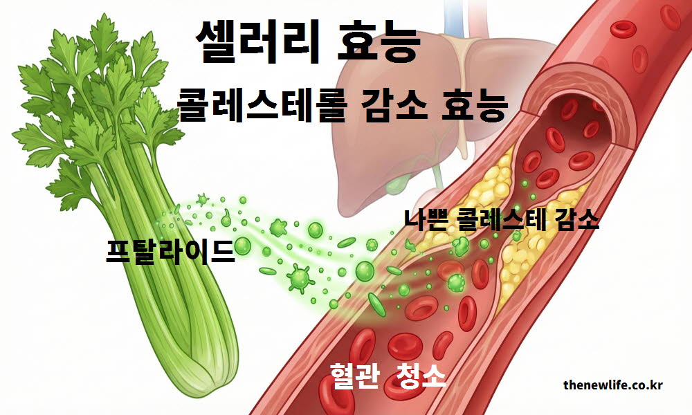 셀러리 효능이 체내 나쁜 콜레스테롤 감소에 어떻게 작용하는지 설명하는 이미지