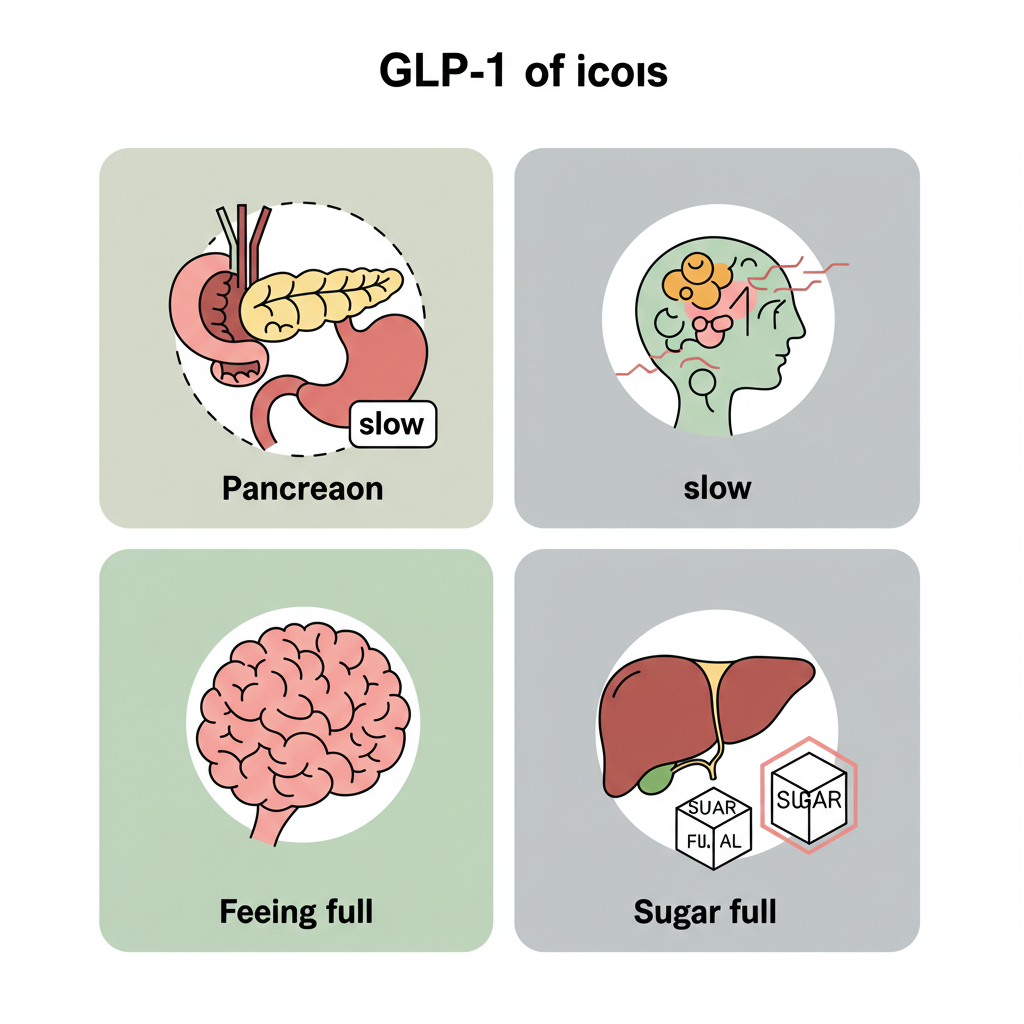 GLP-1 작용제가 인슐린 분비 촉진, 위 배출 속도 지연, 포만감 증가, 글루카곤 억제에 영향을 미치는 네 가지 핵심 원리를 보여주는 도식.
