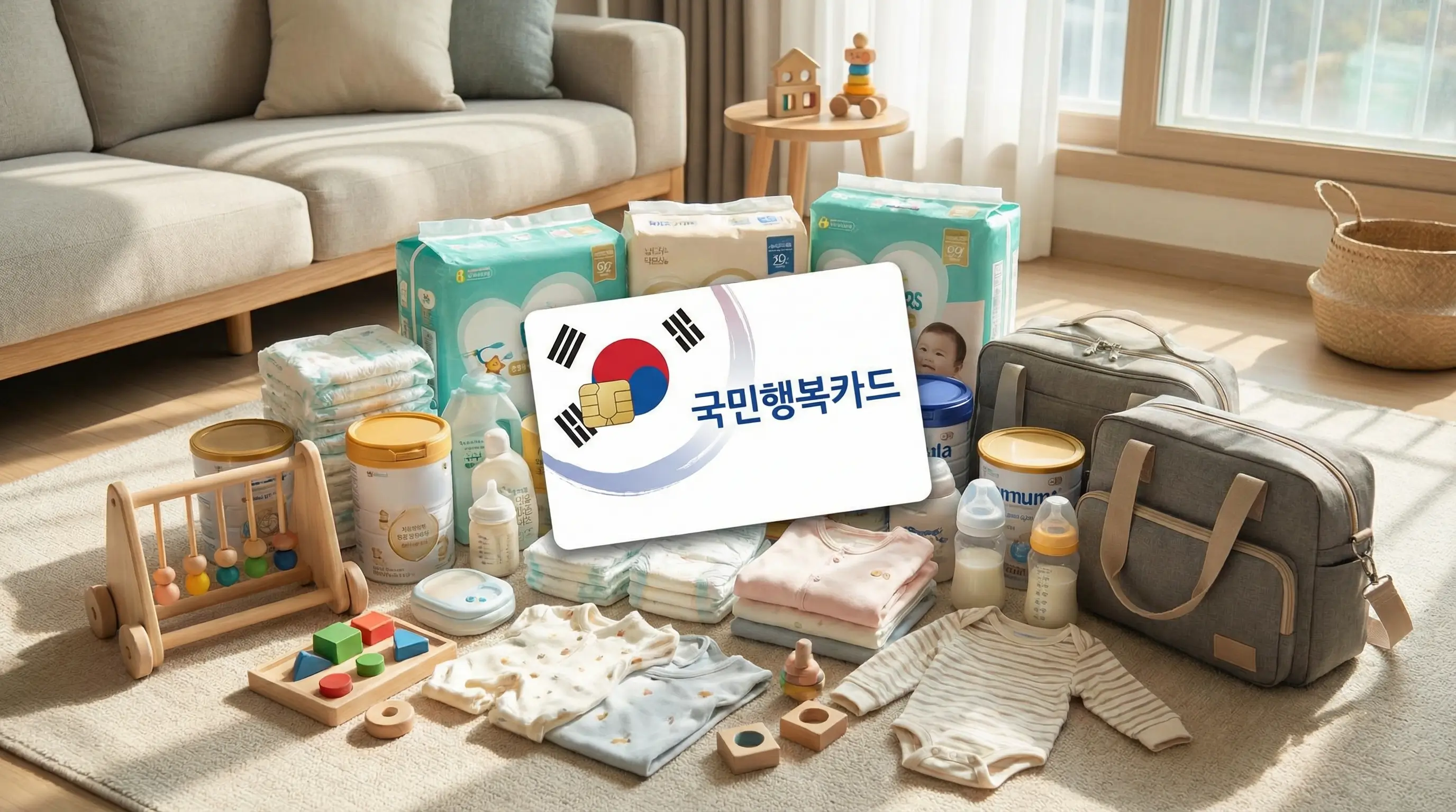 다양한 육아용품과 기저귀, 분유통이 놓여 있고 그 위에 국민행복카드가 올려진 이미지