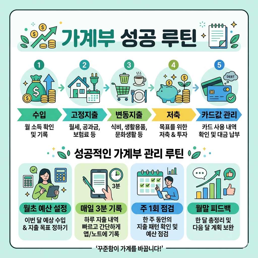 가계부 쓰는 법｜돈 새는 구멍 막는 현실적인 작성 방법 인포그래픽