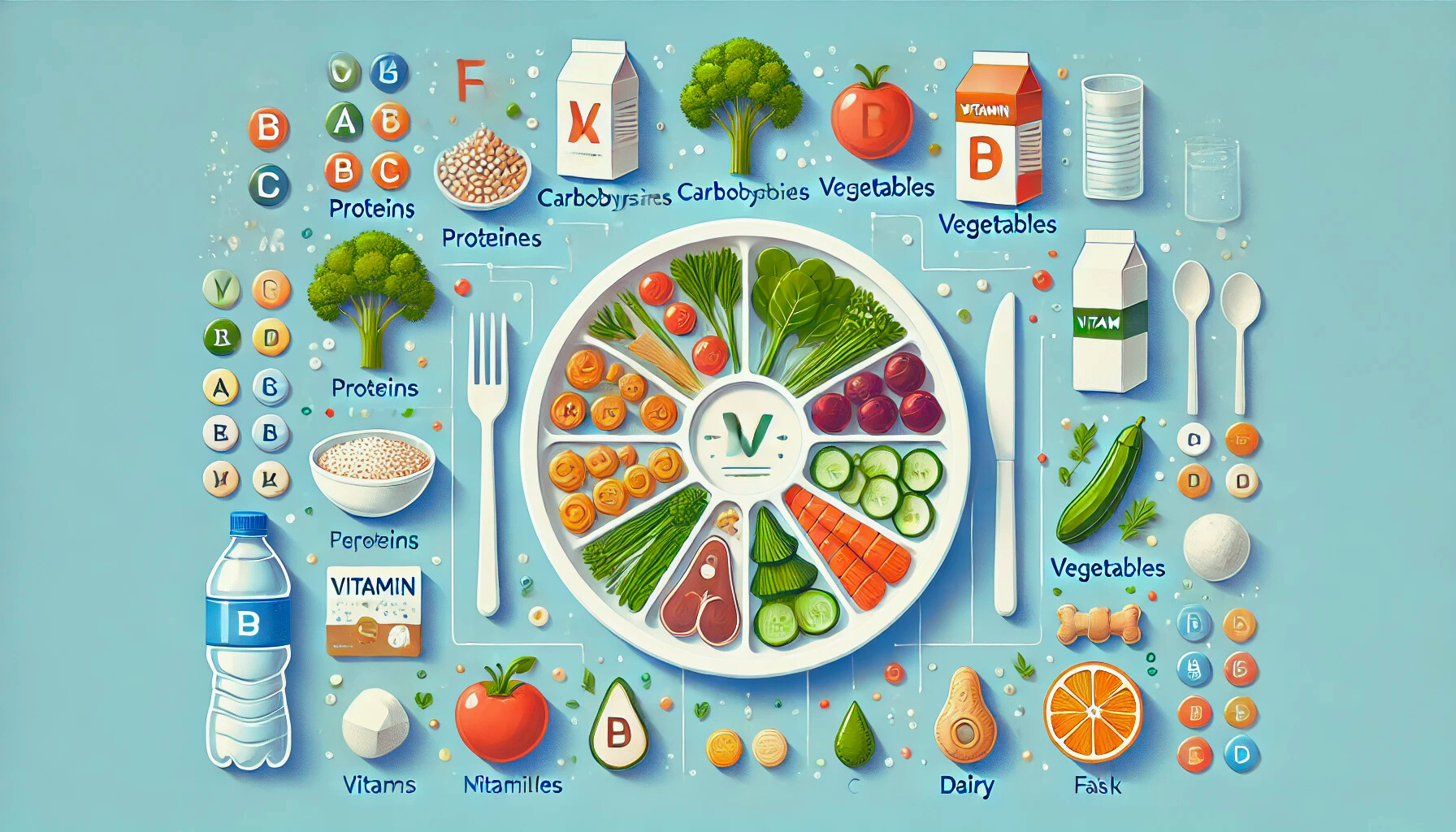 영양 섭취를 균형 있게 표현한 이미지 단백질, 탄수화물, 건강한 지방, 비타민, 수분 섭취까지 한눈에 볼 수 있도록 구성