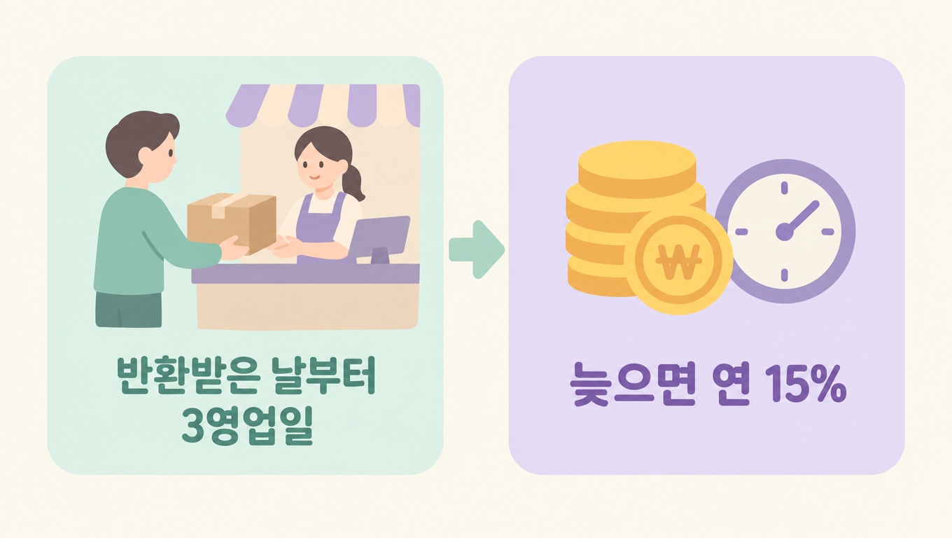 환급 기한 인포그래픽 - 반환받은 날부터 3영업일, 늦으면 연 15% 지연배상금