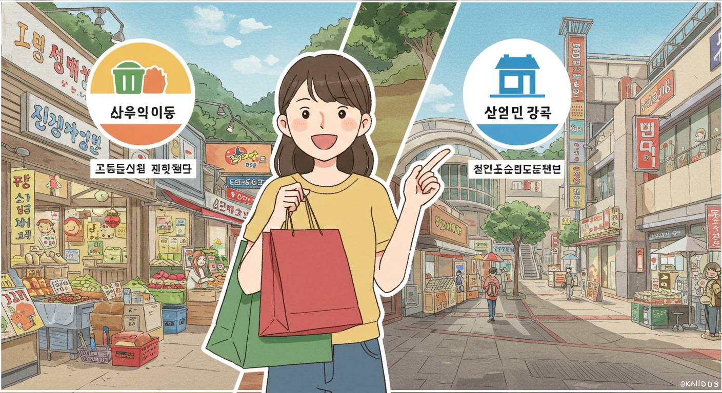 전통시장과 백화점을 비교하며 환급 가능 업종을 설명하는 여성