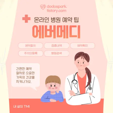 온라인 병원예약 에버메디 라는 문구와 여자의사선생님과 어린이