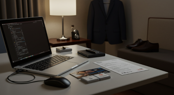 여행객을 위한 노트북, 명함, 정장 등 필수 준비물 모음