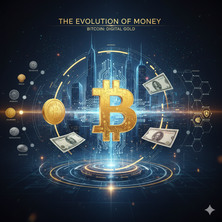 디지털 시대의 비트코인 심볼과 함께 화폐의 진화를 상징하는 인포그래픽, 기술과 역사가 어우러진 이미지
