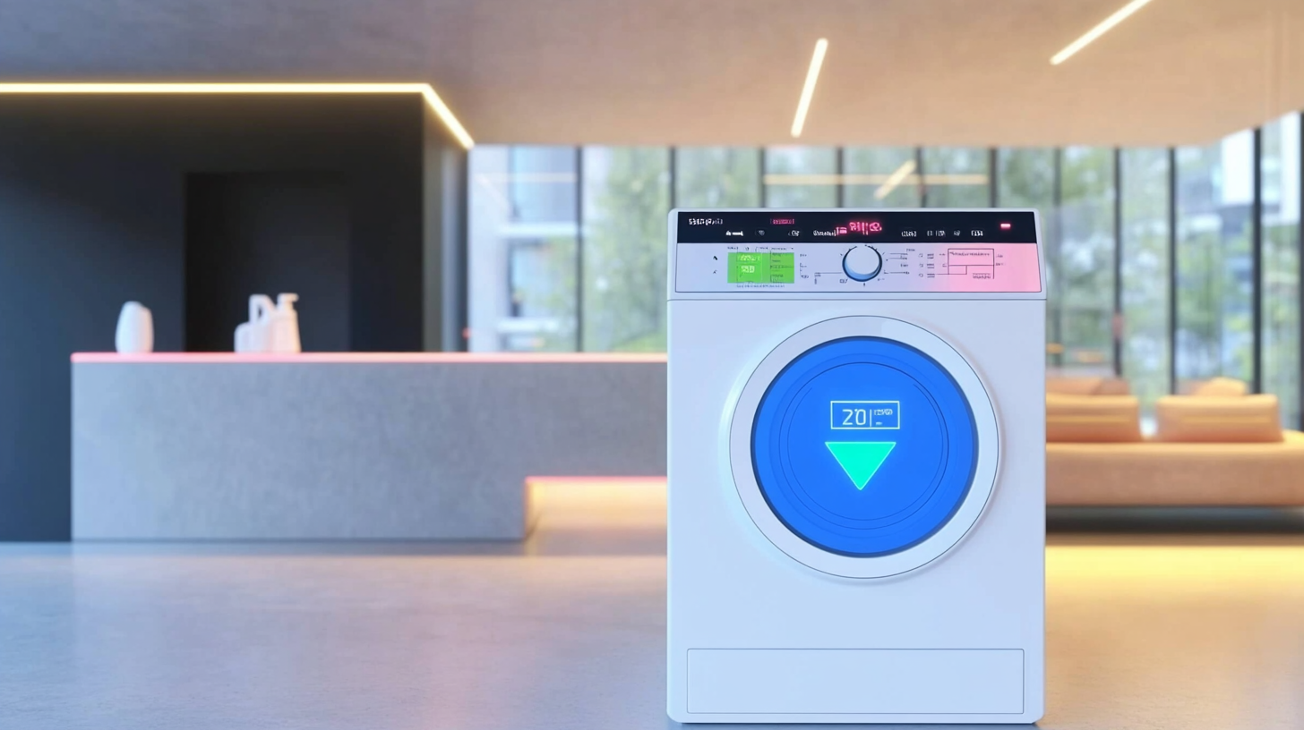 미래적인 인터페이스가 장착된 AI 세탁기가 세탁물 상태를 감지하는 모습, 현대적인 환경에서 촬영됨.