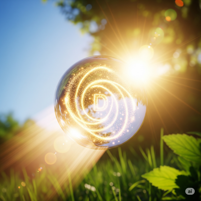 햇살을 받아 빛나는 비타민 D 캡슐을 형상화한 이미지입니다. 밝은 태양 광선이 투명한 캡슐을 비추며 건강과 활력을 상징하는 입자들을 드러내, 따뜻하고 긍정적인 분위기를 연출합니다.