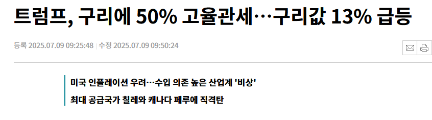 트럼프, 구리에 50% 고율관세…구리값 13% 급등