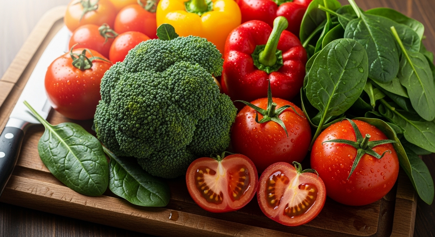 신선한 브로콜리, 파프리카, 시금치 등 건강한 채소가 가득한 식재료 사진.