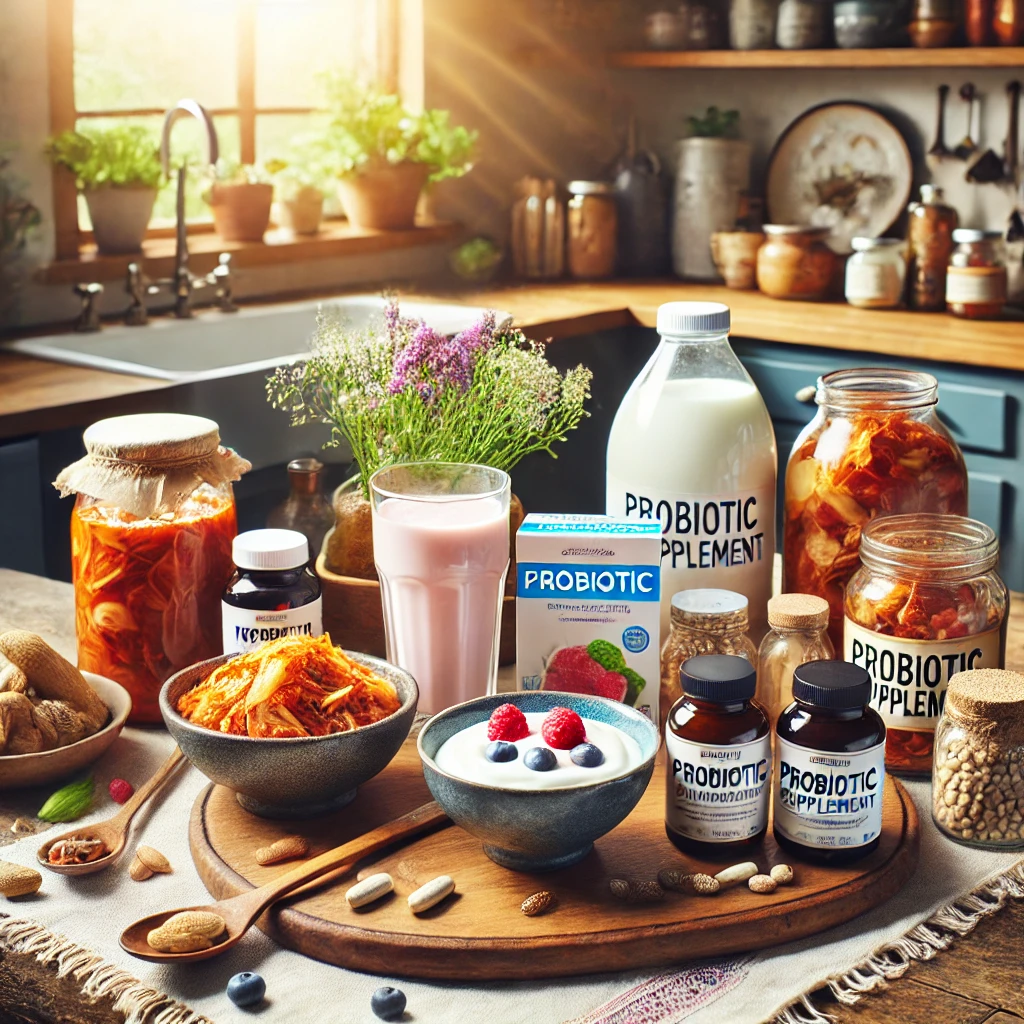 프로바이오틱스 영양제 & 요거트, 김치 같은 발효 식품 이미지