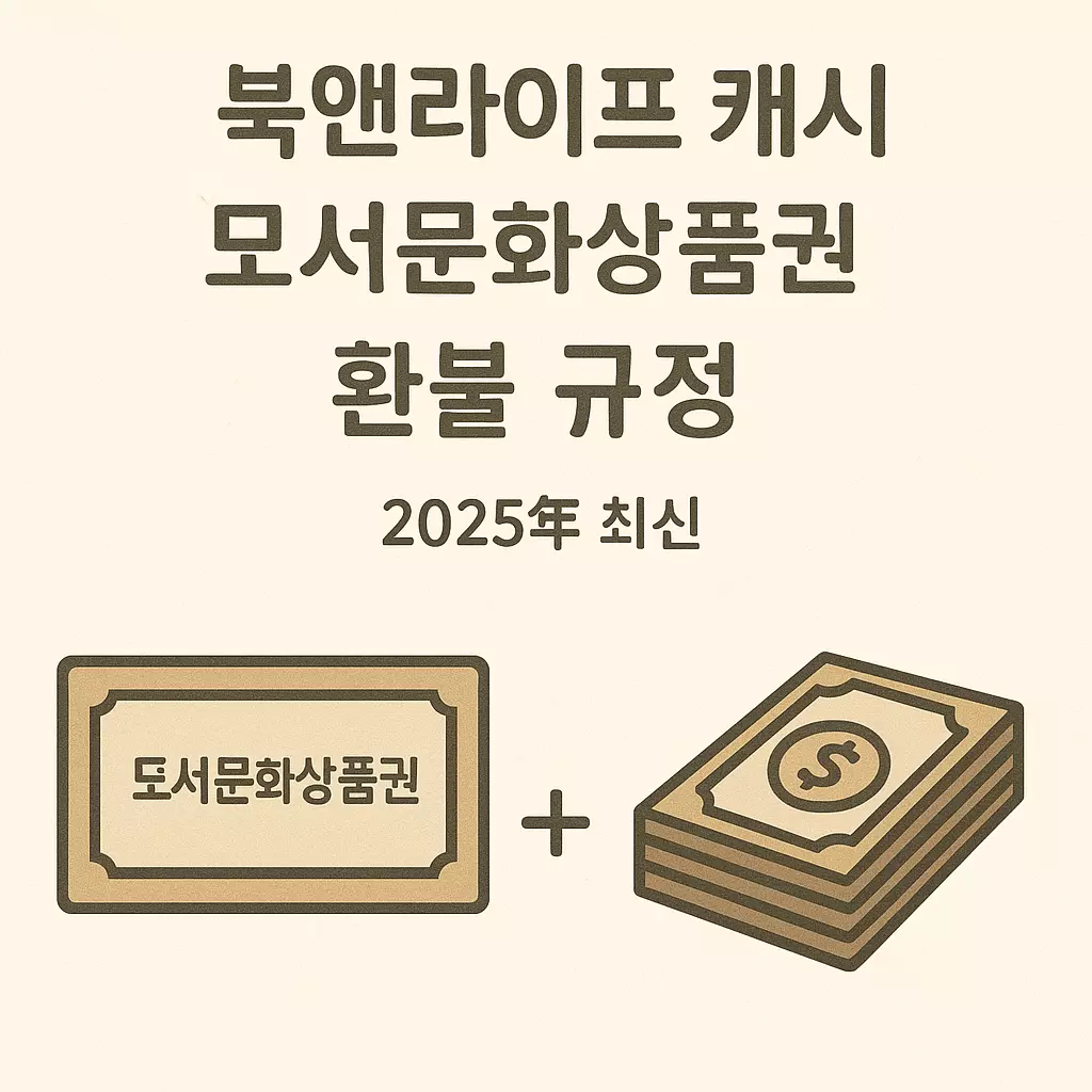 북앤라이프 도서문화상품권 환불 규정 2025 최신 안내 – 환불 조건, 수수료, 가능 금액 등을 간단하게 요약한 인포그래픽