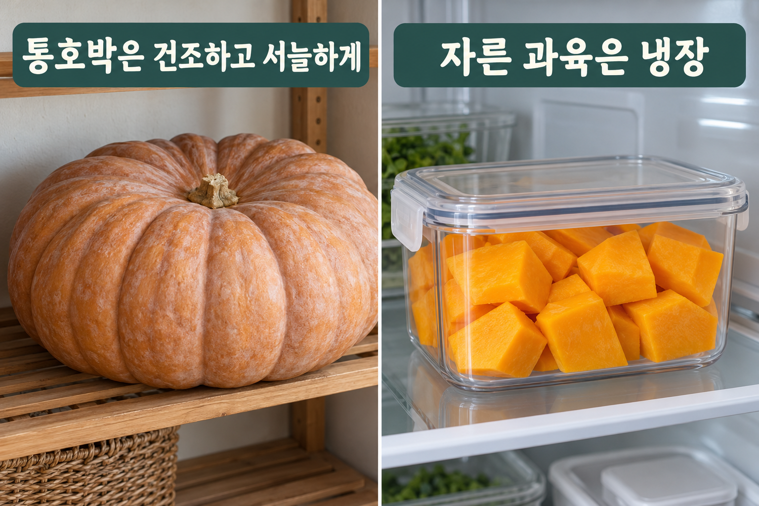 통호박을 건조하고 서늘하게 두는 장면과 자른 과육을 냉장하는 장면.