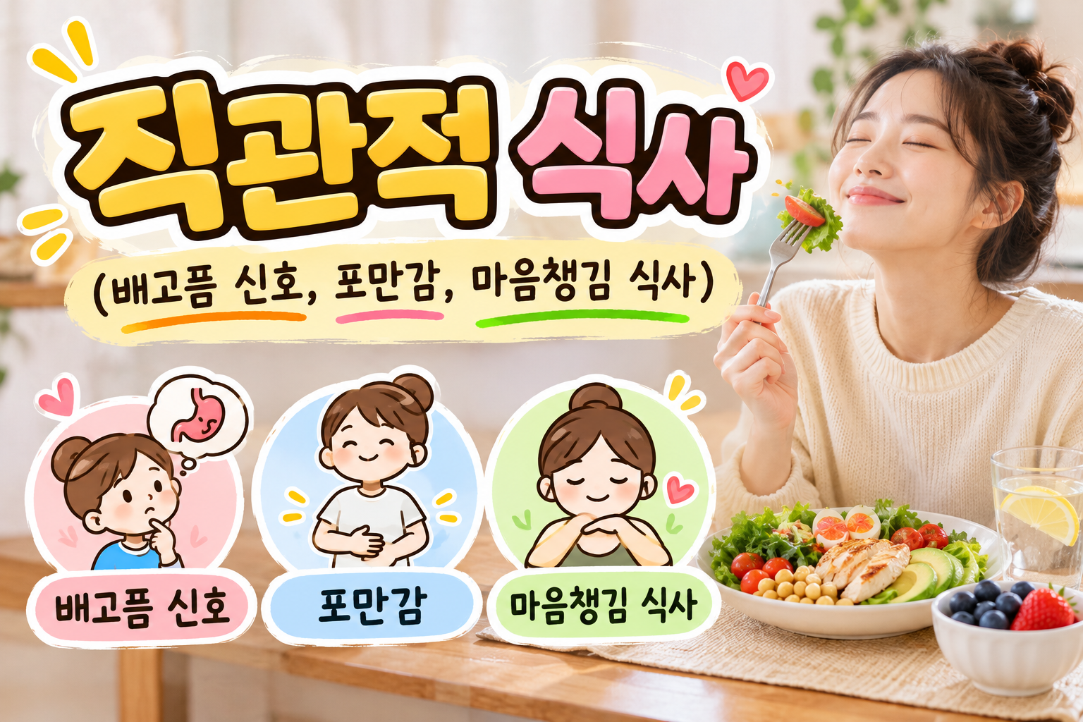 직관적 식사를 주제로 배고픔 신호, 포만감, 마음챙김 식사의 중요성을 소개하는 건강정보 썸네일 이미지. 밝은 식탁에서 여성이 샐러드를 먹으며 식사를 즐기는 모습과 함께 배고픔을 나타내는 위장 아이콘, 포만감을 느끼는 인물, 마음챙김 식사를 표현한 일러스트가 배치되어 있다. 자신의 몸이 보내는 신호에 집중하며 건강한 식습관을 실천하는 방법을 시각적으로 표현하고 있다.