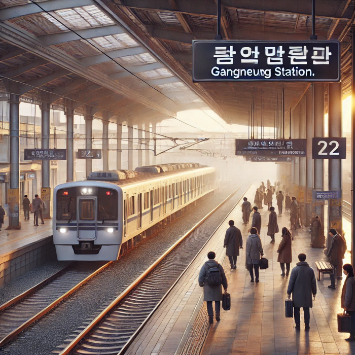 강릉역 플랫폼에서 KTX 열차에서 내리는 승객들과 안내 표지판