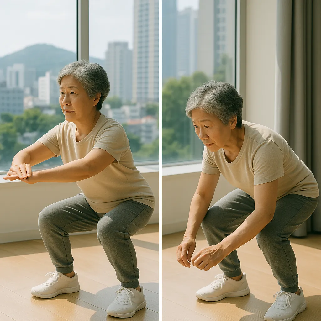 어르신을 위한 올바른 스쿼트 자세와, 무릎이 앞으로 쏠리는 등 잘못된 스쿼트 자세를 비교하여 보여주는 친절한 이미지