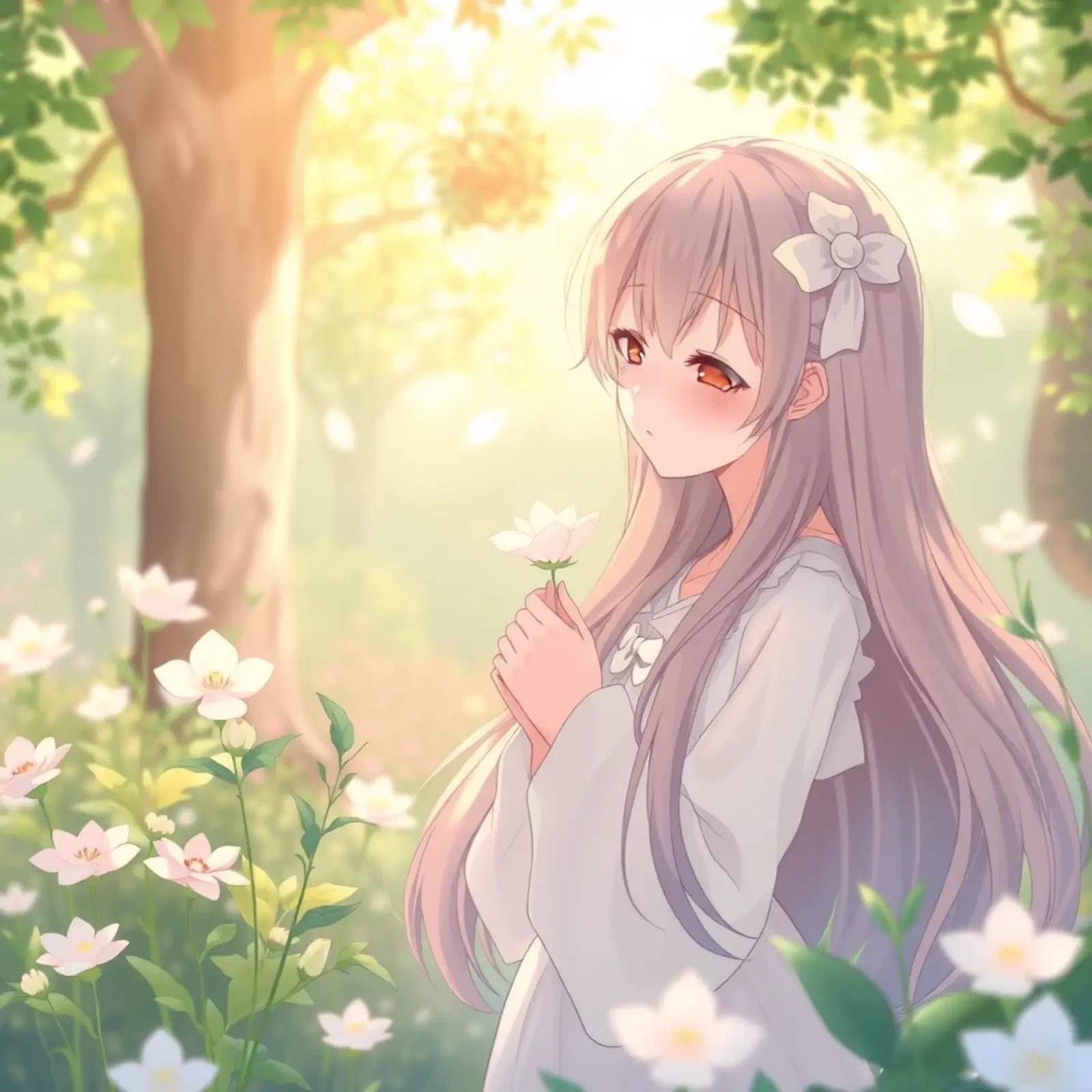 꽃 향기를 맡고 있는 소녀