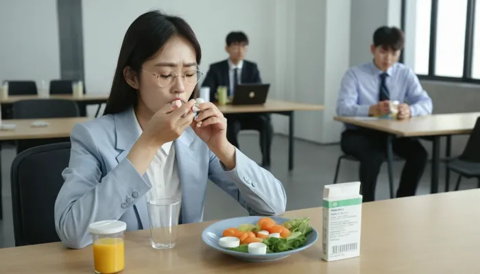 바쁜 일상 속에서도 건강을 챙기려는 직장인의 루틴을 나타낸 이미지