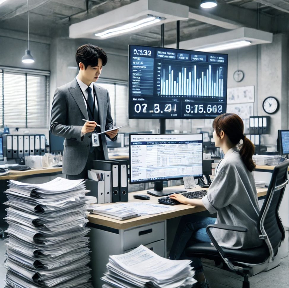 세무서직원이 납세자를 도와 세금 신고 절차를 설명하는 장면