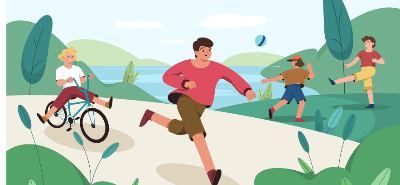 공원에서 달리기 자전거 등등 운동하는 젊은사람들