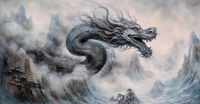 회색용이 산 사이를 날고 있는 이미지