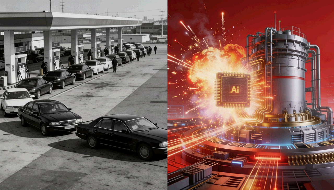 파일명: oil_shock_1970s_korea_vs_ai_power_demand_2026_ongogishin.jpg
Alt: 1970년대 오일쇼크 주유소 차량 행렬과 2026년 AI 데이터센터 전력 수요 폭증 비교 온고지신