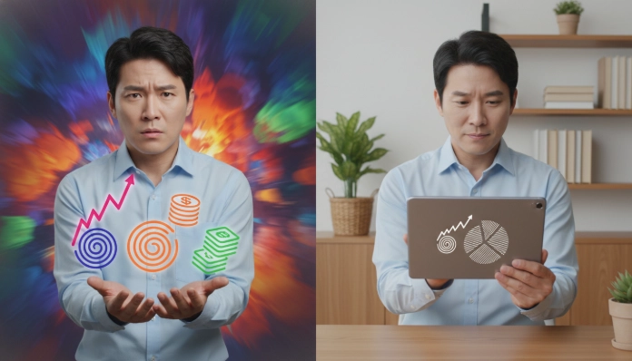 투자 성향에 따라 연금 계좌 자산을 효과적으로 배분하는 포트폴리오 전략을 비교하는 한국인의 모습.