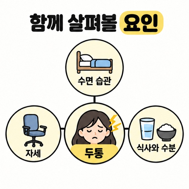 두통과 함께 살펴볼 수면 습관, 자세, 식사와 수분을 연결한 도식